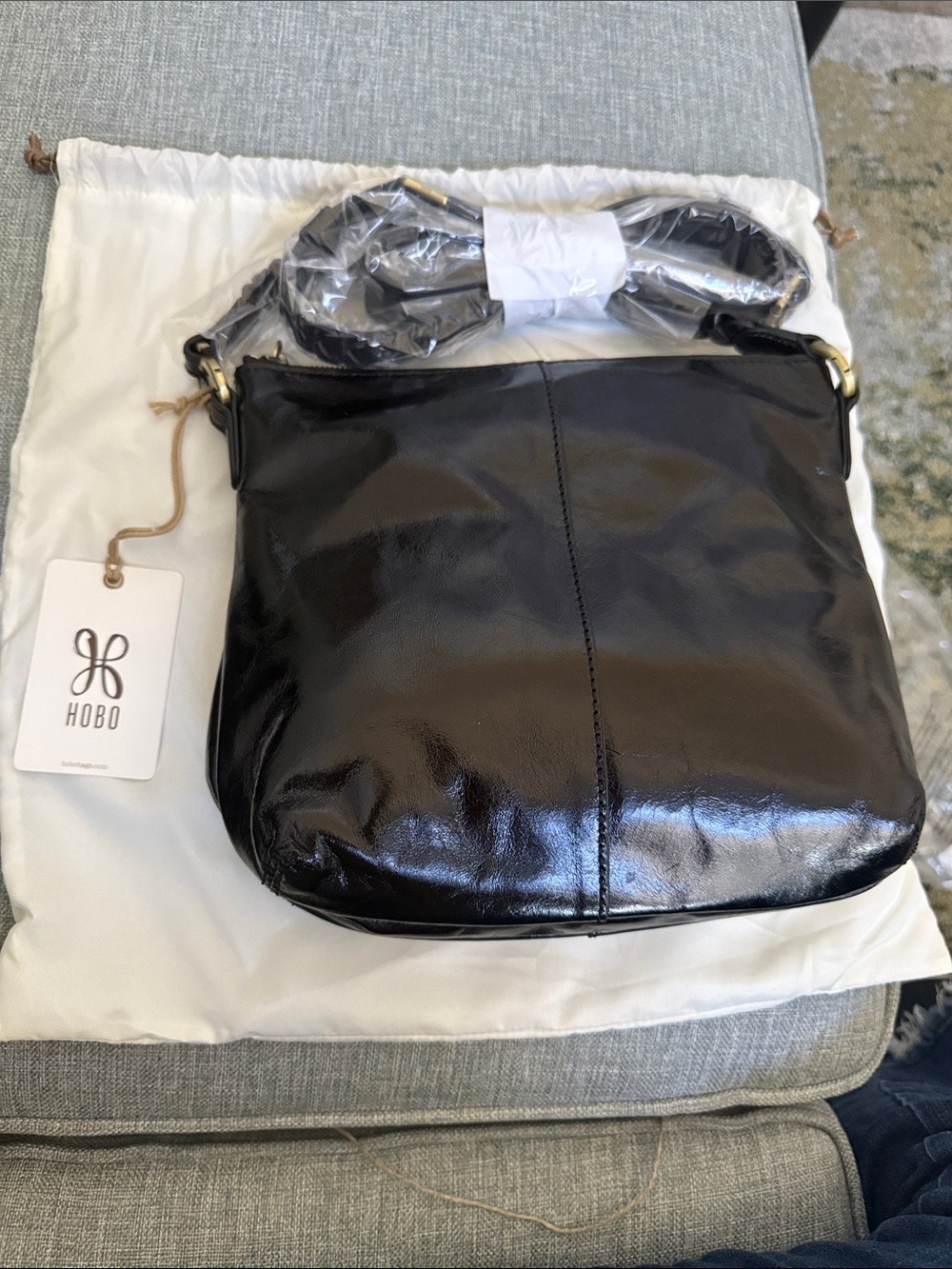 HOBO Lasso Medium Black Patent Leather Hobo Crossbody